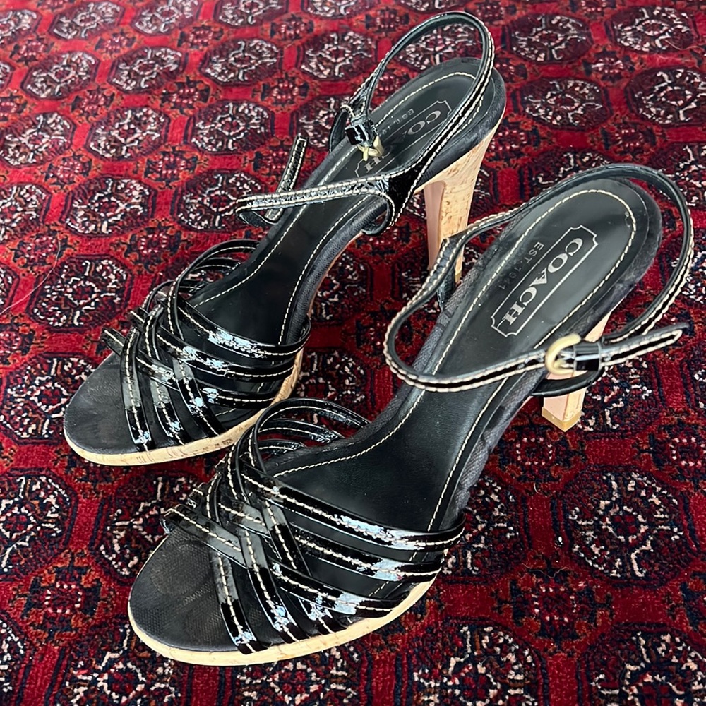 Strappy Coach patent leather cork heels 8 1/2 B Made in Italy - Picture 1 of 7